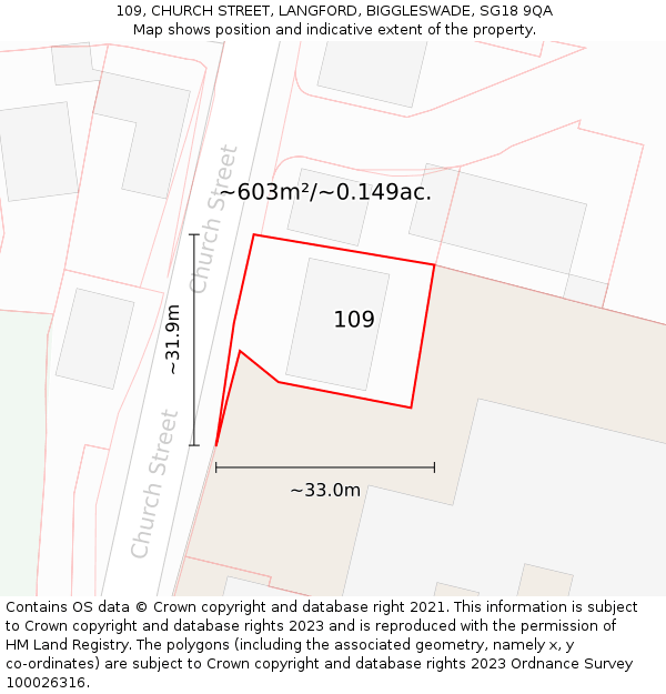 109, CHURCH STREET, LANGFORD, BIGGLESWADE, SG18 9QA: Plot and title map