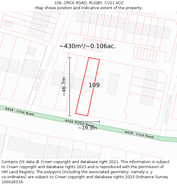 109, CRICK ROAD, RUGBY, CV21 4DZ: Plot and title map