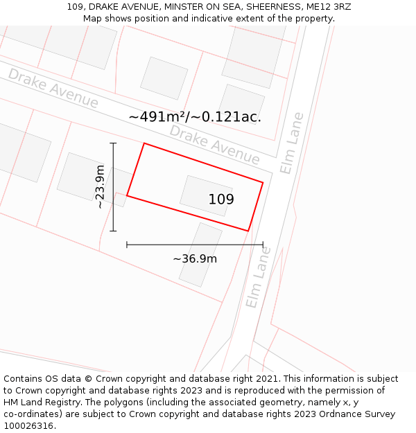 109, DRAKE AVENUE, MINSTER ON SEA, SHEERNESS, ME12 3RZ: Plot and title map