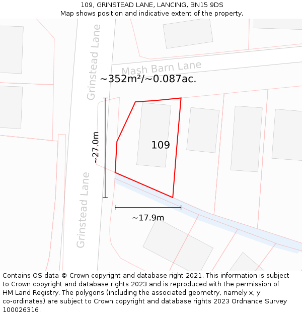109, GRINSTEAD LANE, LANCING, BN15 9DS: Plot and title map
