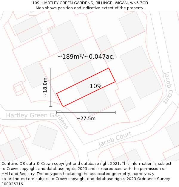 109, HARTLEY GREEN GARDENS, BILLINGE, WIGAN, WN5 7GB: Plot and title map