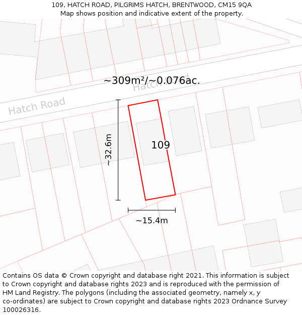 109, HATCH ROAD, PILGRIMS HATCH, BRENTWOOD, CM15 9QA: Plot and title map