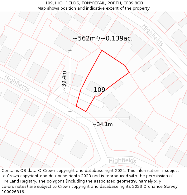 109, HIGHFIELDS, TONYREFAIL, PORTH, CF39 8GB: Plot and title map