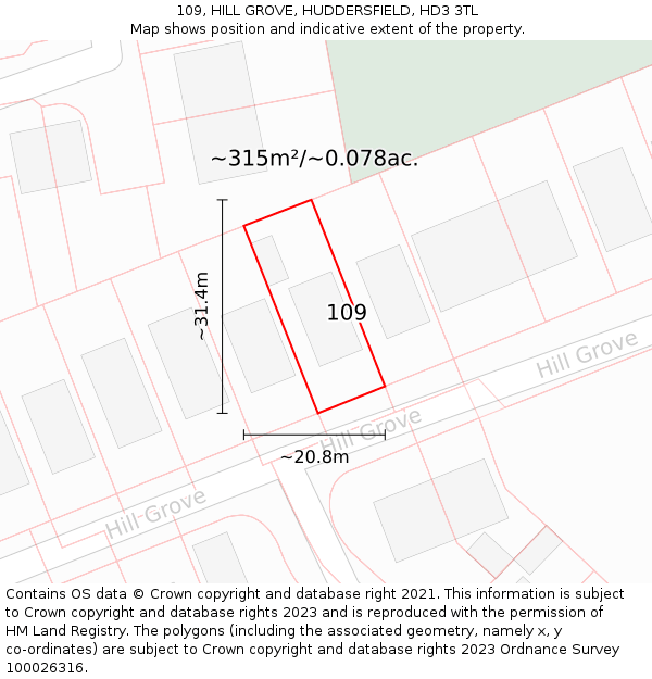 109, HILL GROVE, HUDDERSFIELD, HD3 3TL: Plot and title map