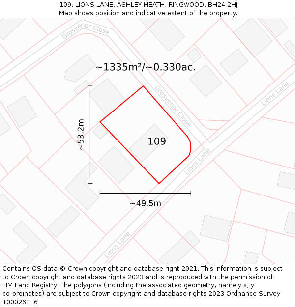109, LIONS LANE, ASHLEY HEATH, RINGWOOD, BH24 2HJ: Plot and title map
