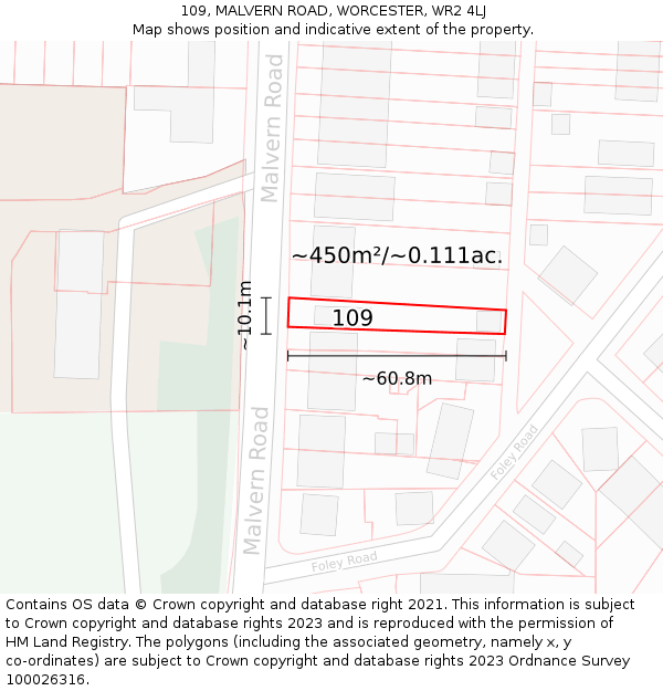 109, MALVERN ROAD, WORCESTER, WR2 4LJ: Plot and title map