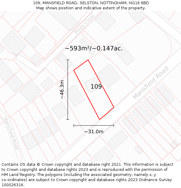 109, MANSFIELD ROAD, SELSTON, NOTTINGHAM, NG16 6BD: Plot and title map