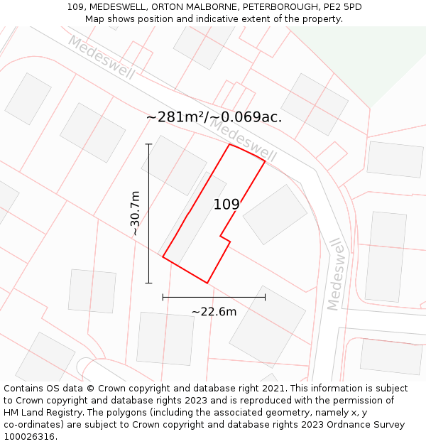 109, MEDESWELL, ORTON MALBORNE, PETERBOROUGH, PE2 5PD: Plot and title map