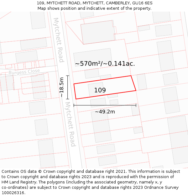 109, MYTCHETT ROAD, MYTCHETT, CAMBERLEY, GU16 6ES: Plot and title map