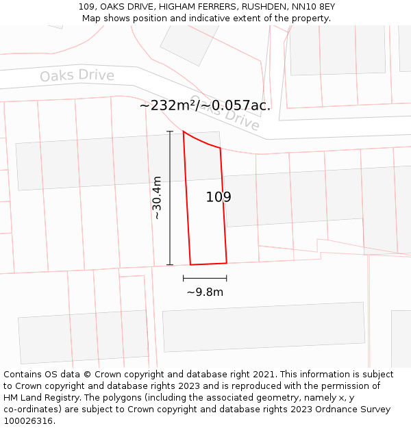 109, OAKS DRIVE, HIGHAM FERRERS, RUSHDEN, NN10 8EY: Plot and title map