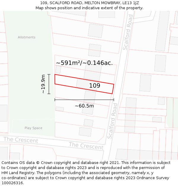 109, SCALFORD ROAD, MELTON MOWBRAY, LE13 1JZ: Plot and title map