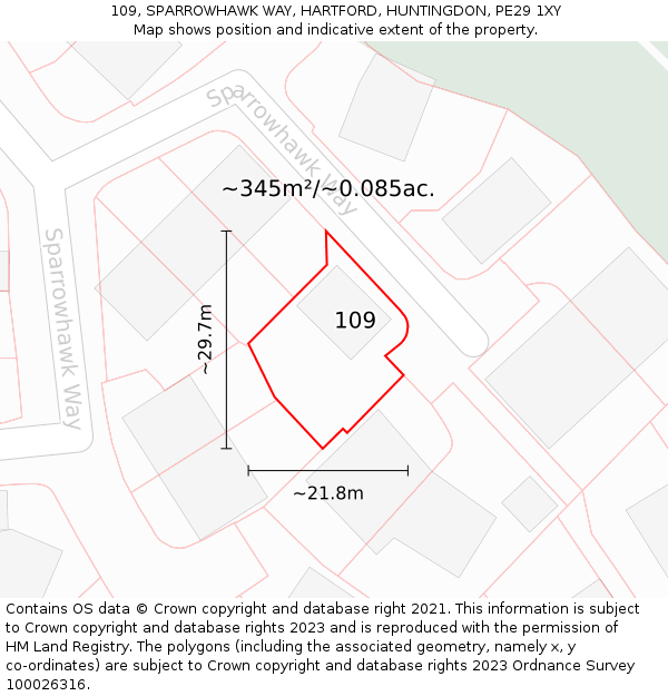 109, SPARROWHAWK WAY, HARTFORD, HUNTINGDON, PE29 1XY: Plot and title map