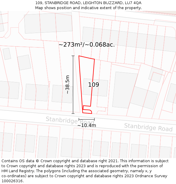 109, STANBRIDGE ROAD, LEIGHTON BUZZARD, LU7 4QA: Plot and title map