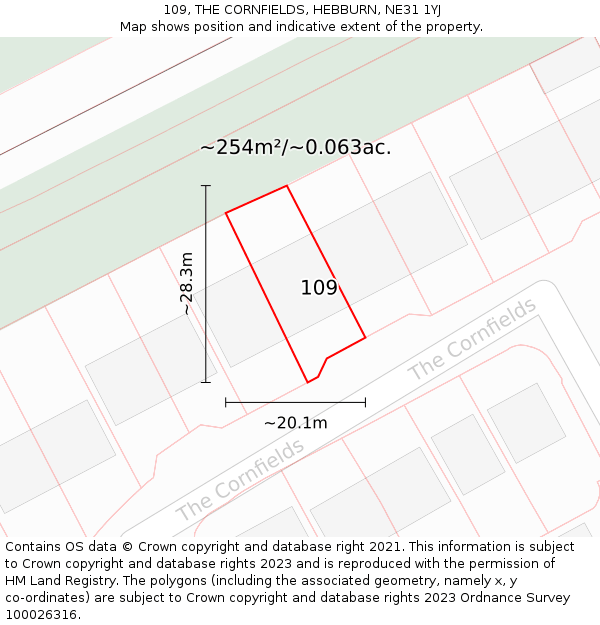 109, THE CORNFIELDS, HEBBURN, NE31 1YJ: Plot and title map