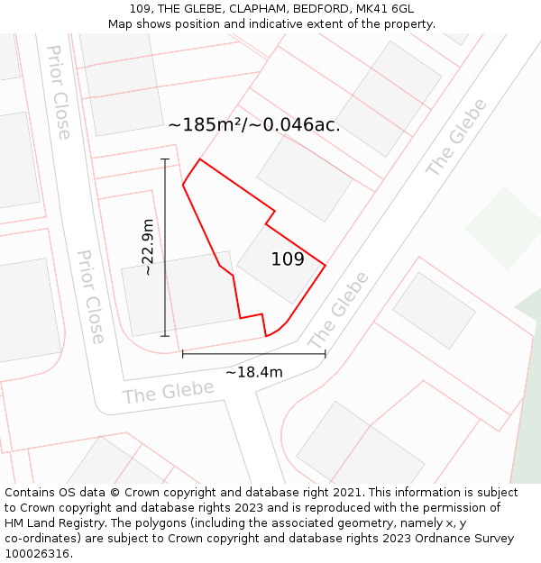 109, THE GLEBE, CLAPHAM, BEDFORD, MK41 6GL: Plot and title map