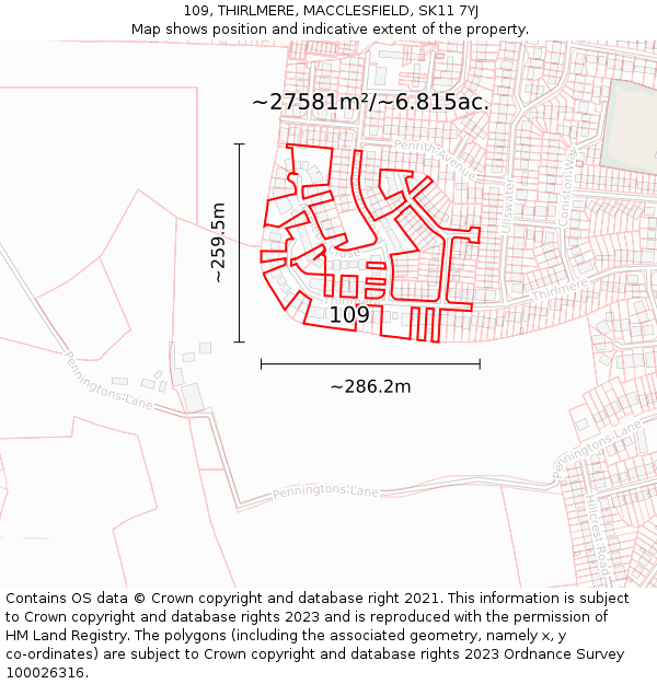 109, THIRLMERE, MACCLESFIELD, SK11 7YJ: Plot and title map