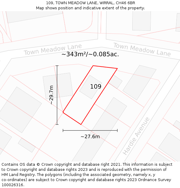 109, TOWN MEADOW LANE, WIRRAL, CH46 6BR: Plot and title map