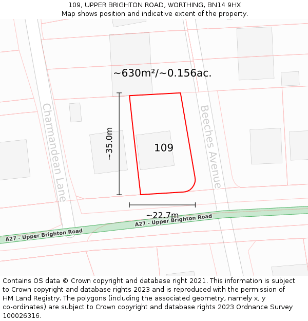 109, UPPER BRIGHTON ROAD, WORTHING, BN14 9HX: Plot and title map