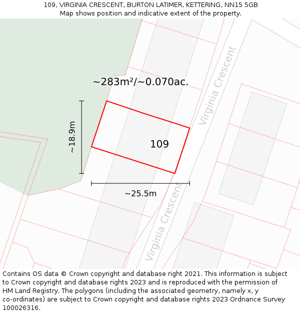 109, VIRGINIA CRESCENT, BURTON LATIMER, KETTERING, NN15 5GB: Plot and title map