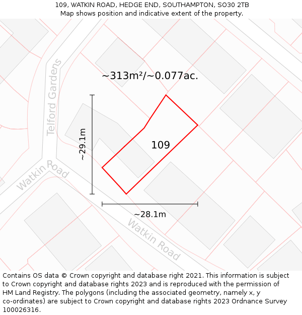 109, WATKIN ROAD, HEDGE END, SOUTHAMPTON, SO30 2TB: Plot and title map