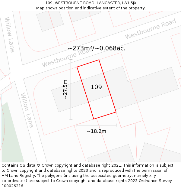 109, WESTBOURNE ROAD, LANCASTER, LA1 5JX: Plot and title map