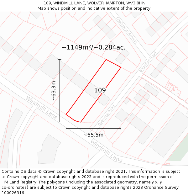 109, WINDMILL LANE, WOLVERHAMPTON, WV3 8HN: Plot and title map