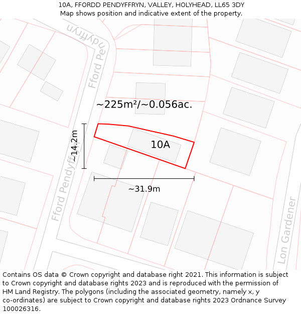 10A, FFORDD PENDYFFRYN, VALLEY, HOLYHEAD, LL65 3DY: Plot and title map
