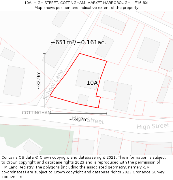 10A, HIGH STREET, COTTINGHAM, MARKET HARBOROUGH, LE16 8XL: Plot and title map