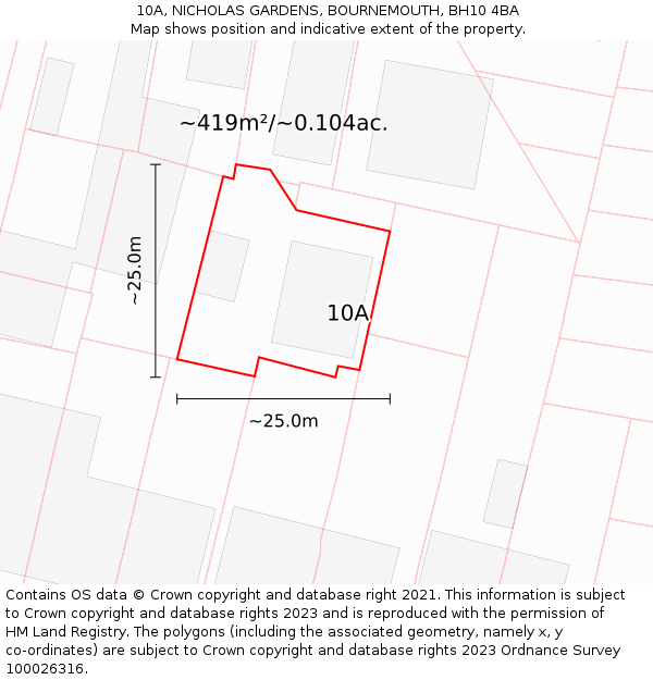 10A, NICHOLAS GARDENS, BOURNEMOUTH, BH10 4BA: Plot and title map