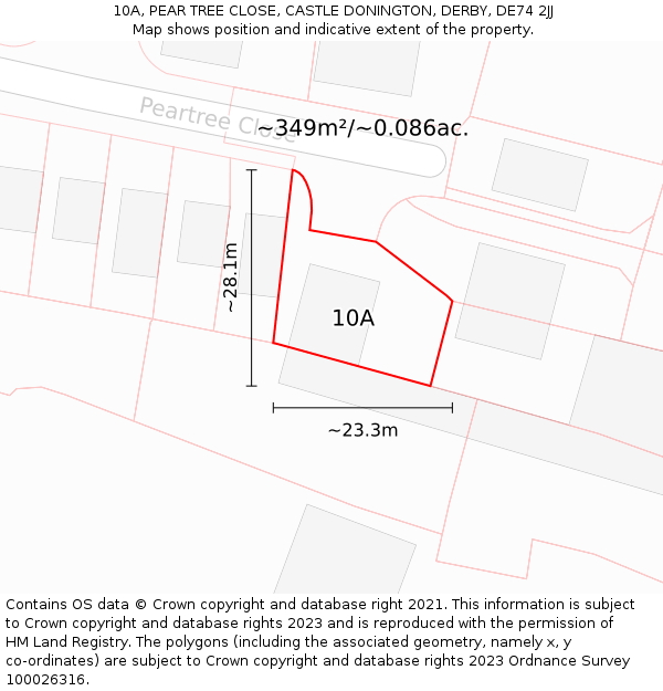 10A, PEAR TREE CLOSE, CASTLE DONINGTON, DERBY, DE74 2JJ: Plot and title map