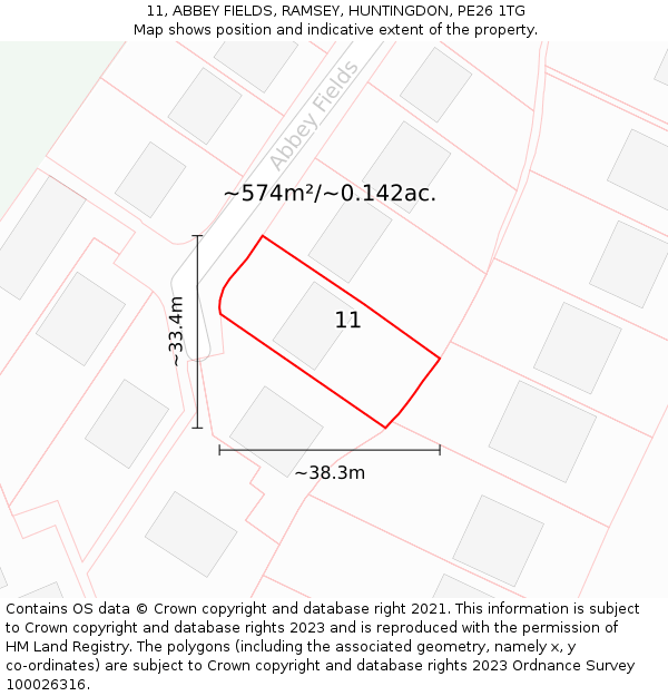 11, ABBEY FIELDS, RAMSEY, HUNTINGDON, PE26 1TG: Plot and title map