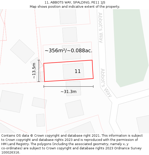 11, ABBOTS WAY, SPALDING, PE11 1JS: Plot and title map