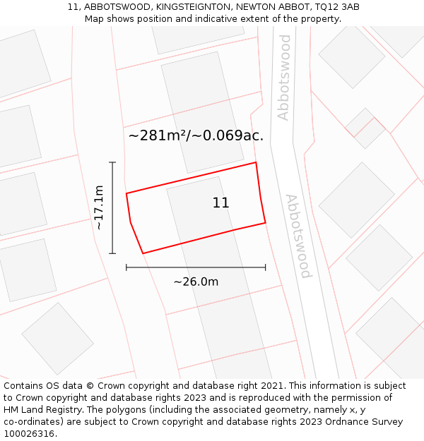 11, ABBOTSWOOD, KINGSTEIGNTON, NEWTON ABBOT, TQ12 3AB: Plot and title map