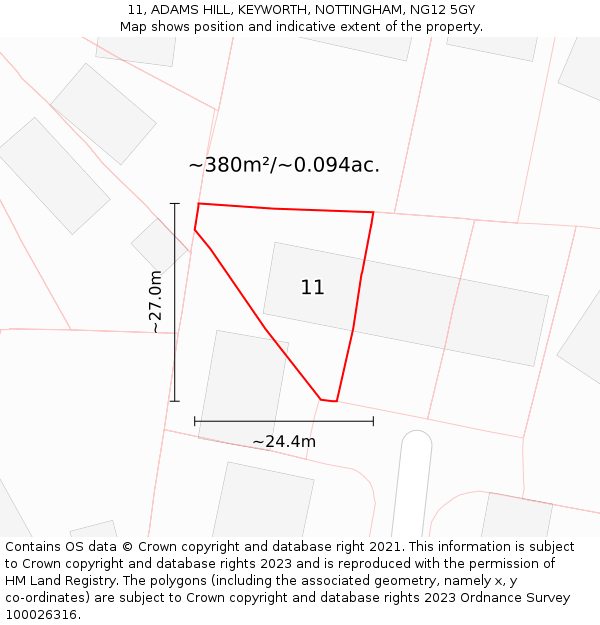 11, ADAMS HILL, KEYWORTH, NOTTINGHAM, NG12 5GY: Plot and title map