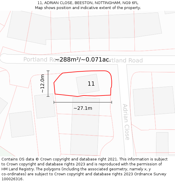 11, ADRIAN CLOSE, BEESTON, NOTTINGHAM, NG9 6FL: Plot and title map