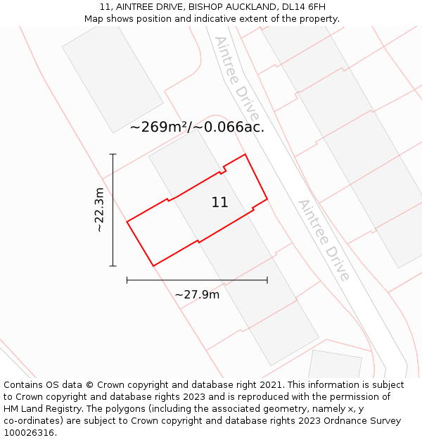 11, AINTREE DRIVE, BISHOP AUCKLAND, DL14 6FH: Plot and title map