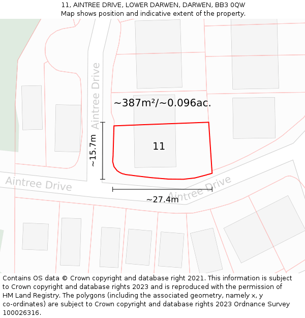 11, AINTREE DRIVE, LOWER DARWEN, DARWEN, BB3 0QW: Plot and title map