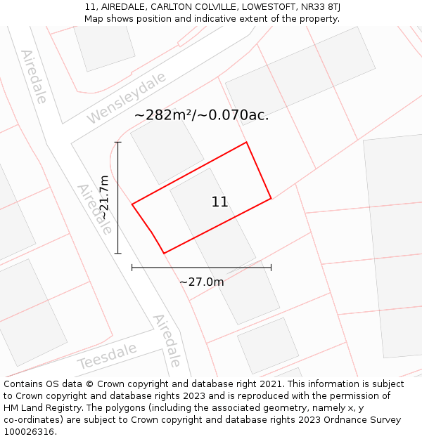 11, AIREDALE, CARLTON COLVILLE, LOWESTOFT, NR33 8TJ: Plot and title map