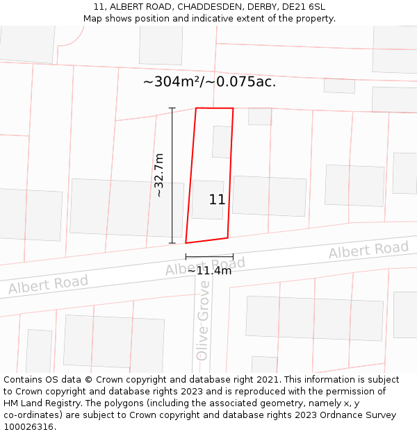 11, ALBERT ROAD, CHADDESDEN, DERBY, DE21 6SL: Plot and title map