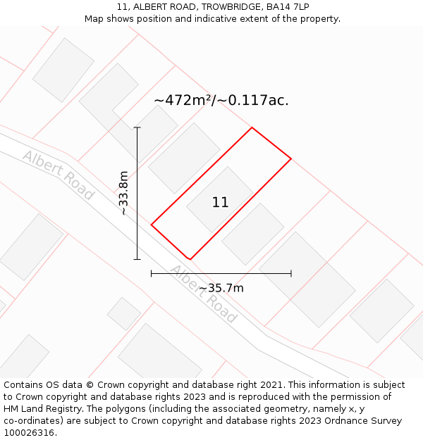11, ALBERT ROAD, TROWBRIDGE, BA14 7LP: Plot and title map