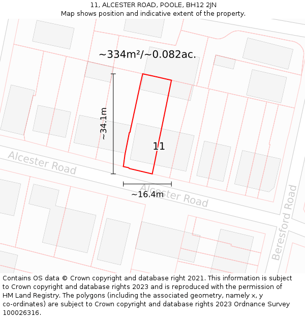 11, ALCESTER ROAD, POOLE, BH12 2JN: Plot and title map