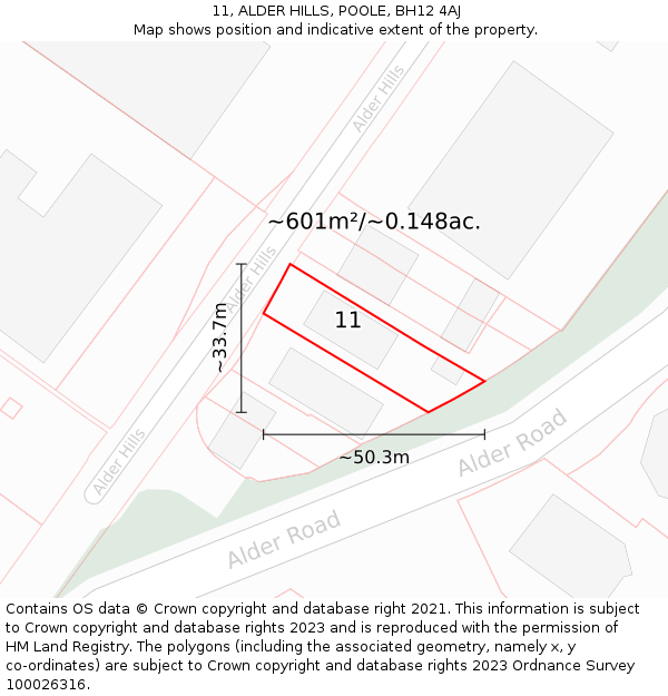 11, ALDER HILLS, POOLE, BH12 4AJ: Plot and title map