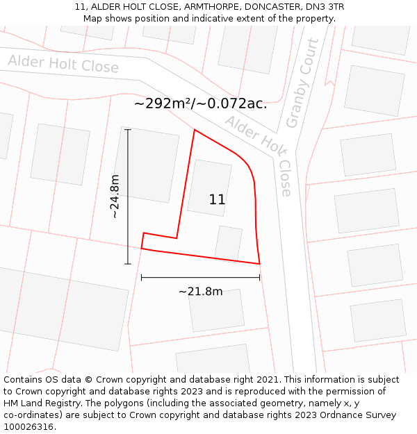 11, ALDER HOLT CLOSE, ARMTHORPE, DONCASTER, DN3 3TR: Plot and title map