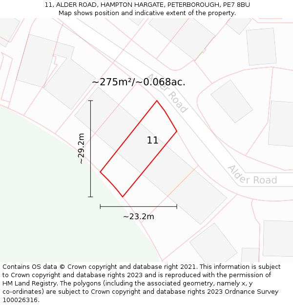11, ALDER ROAD, HAMPTON HARGATE, PETERBOROUGH, PE7 8BU: Plot and title map