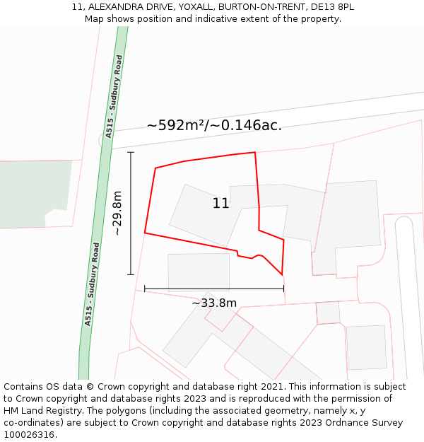 11, ALEXANDRA DRIVE, YOXALL, BURTON-ON-TRENT, DE13 8PL: Plot and title map