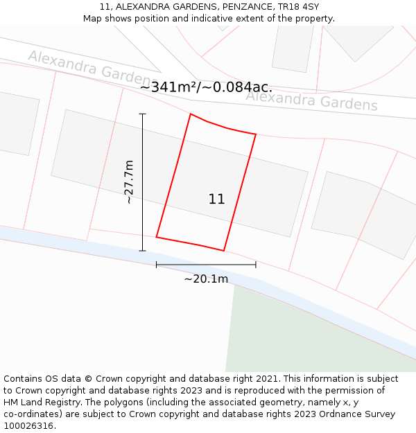 11, ALEXANDRA GARDENS, PENZANCE, TR18 4SY: Plot and title map