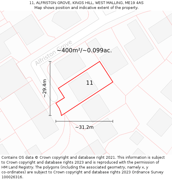 11, ALFRISTON GROVE, KINGS HILL, WEST MALLING, ME19 4AS: Plot and title map