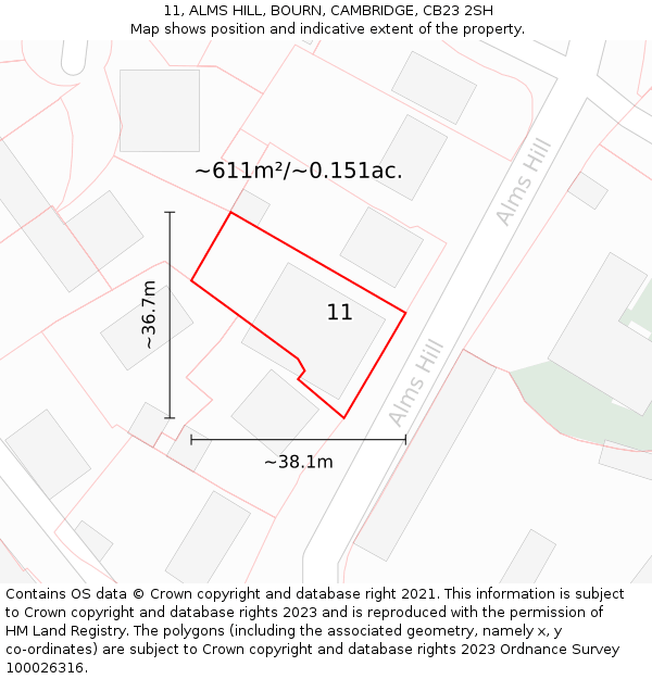 11, ALMS HILL, BOURN, CAMBRIDGE, CB23 2SH: Plot and title map