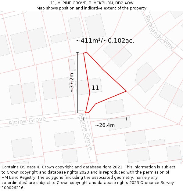 11, ALPINE GROVE, BLACKBURN, BB2 4QW: Plot and title map