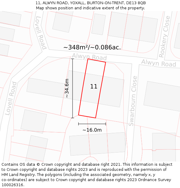 11, ALWYN ROAD, YOXALL, BURTON-ON-TRENT, DE13 8QB: Plot and title map